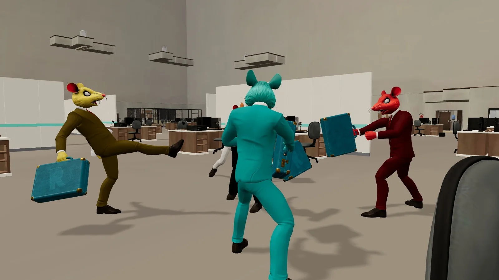Rats in suits brawling with briefcases in the open space office